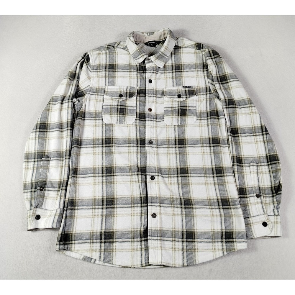 Eddie Bauer Fleece Shirt Mens Medium White Plaid Button Front‎ Outdoor Cabincore